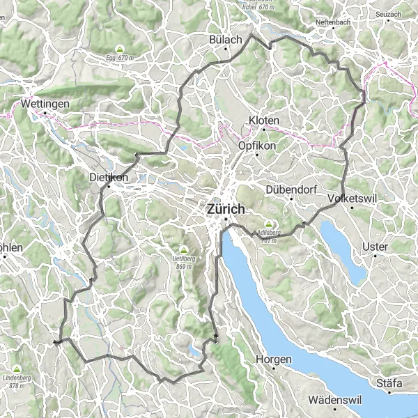 Karttaminiaatyyri "Muri - Zurich - Schwerzenbach - Rothirsch - Obfelden" pyöräilyinspiraatiosta alueella Nordwestschweiz, Switzerland. Luotu Tarmacs.app pyöräilyreittisuunnittelijalla