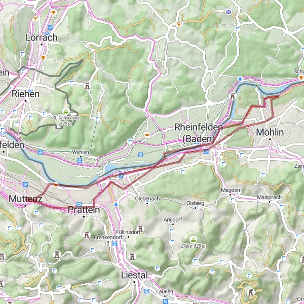 Miniature de la carte de l'inspiration cycliste "Tour de Rheinfelden" dans la Nordwestschweiz, Switzerland. Générée par le planificateur d'itinéraire cycliste Tarmacs.app