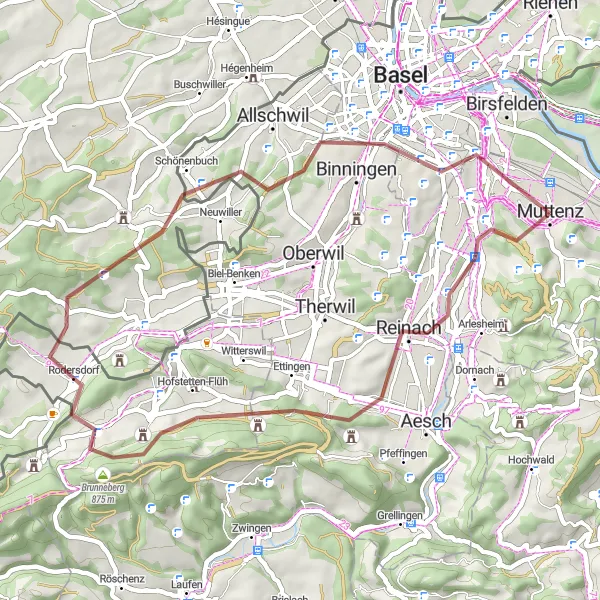 Miniatura della mappa di ispirazione al ciclismo "Esplorazione in bici tra Münchenstein e Binningen" nella regione di Nordwestschweiz, Switzerland. Generata da Tarmacs.app, pianificatore di rotte ciclistiche