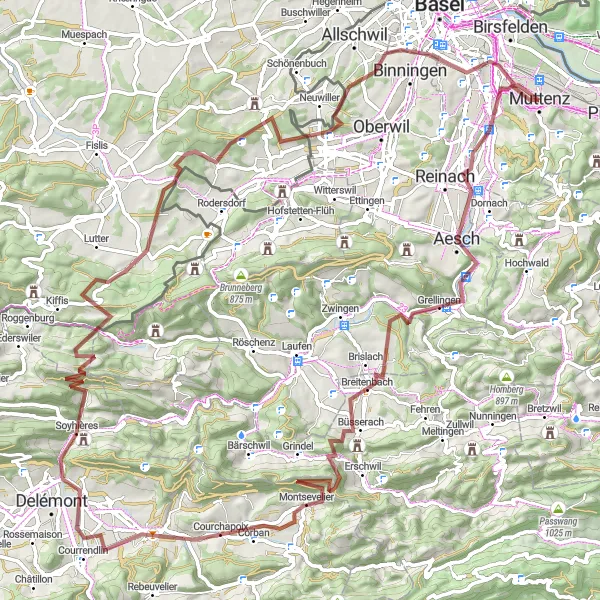 Map miniature of "Epic Gravel Adventure near Muttenz" cycling inspiration in Nordwestschweiz, Switzerland. Generated by Tarmacs.app cycling route planner
