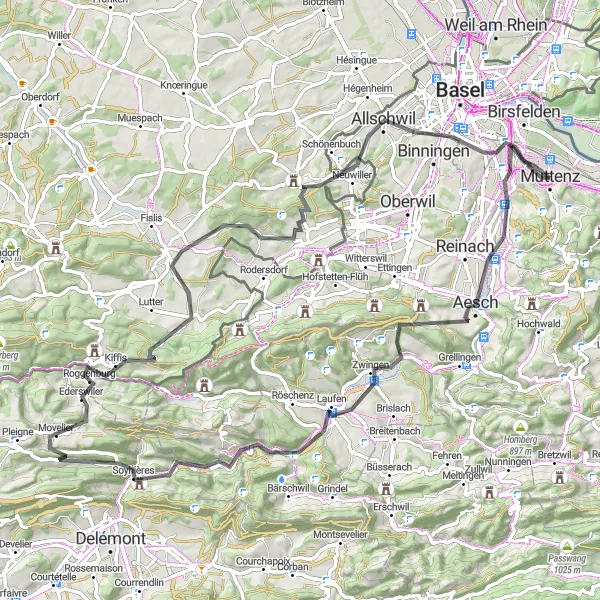 Miniaturekort af cykelinspirationen "Landevejscykelrute med panoramaudsigt og historiske perler" i Nordwestschweiz, Switzerland. Genereret af Tarmacs.app cykelruteplanlægger