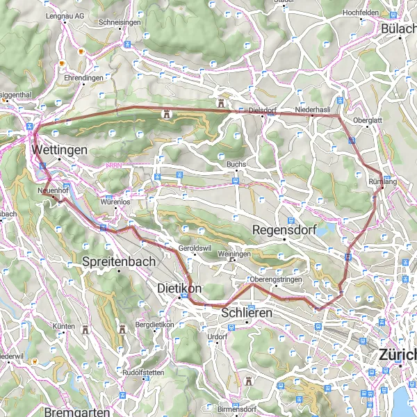 Miniatua del mapa de inspiración ciclista "Ruta de Grava por Neuenhof y alrededores" en Nordwestschweiz, Switzerland. Generado por Tarmacs.app planificador de rutas ciclistas