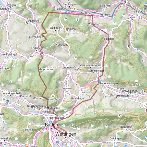 Map miniature of "Discover Ennetbaden on Gravel" cycling inspiration in Nordwestschweiz, Switzerland. Generated by Tarmacs.app cycling route planner