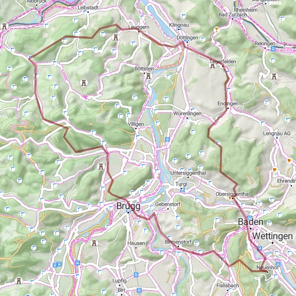 Zemljevid v pomanjšavi "Kolesarska avantura Stutz" kolesarske inspiracije v Nordwestschweiz, Switzerland. Generirano z načrtovalcem kolesarskih poti Tarmacs.app