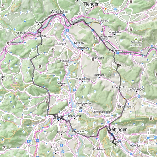 Karttaminiaatyyri "Romanttinen maaseutureitti ja keskiaikaiset kaupungit" pyöräilyinspiraatiosta alueella Nordwestschweiz, Switzerland. Luotu Tarmacs.app pyöräilyreittisuunnittelijalla