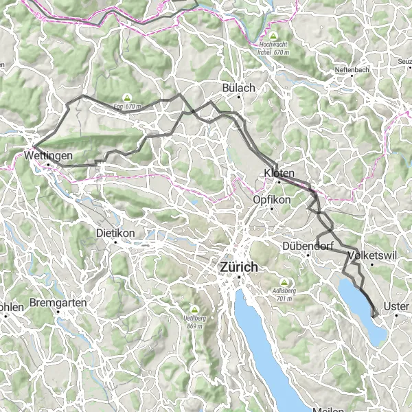 Map miniature of "Scenic Road Tour to Greifensee" cycling inspiration in Nordwestschweiz, Switzerland. Generated by Tarmacs.app cycling route planner