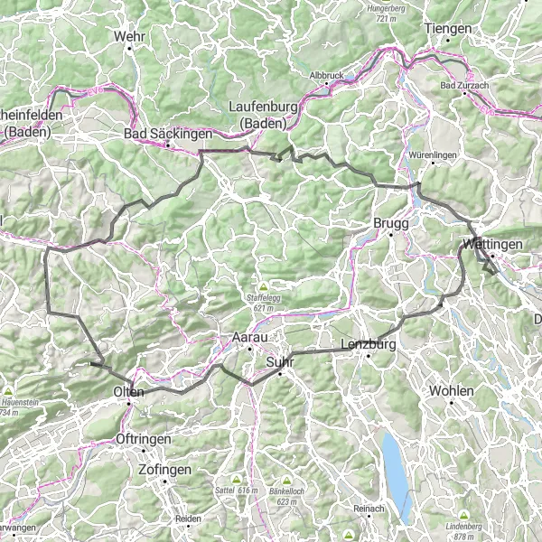 Karttaminiaatyyri "Vaativa reitti historiallisten linnojen ja kulttuurikohteiden läpi" pyöräilyinspiraatiosta alueella Nordwestschweiz, Switzerland. Luotu Tarmacs.app pyöräilyreittisuunnittelijalla