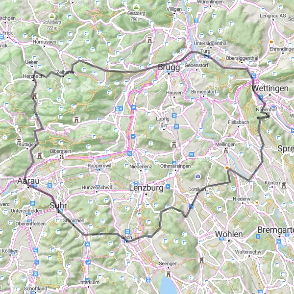 Miniatura della mappa di ispirazione al ciclismo "Itinerario Stradale Hägglingen-Martinsberg" nella regione di Nordwestschweiz, Switzerland. Generata da Tarmacs.app, pianificatore di rotte ciclistiche