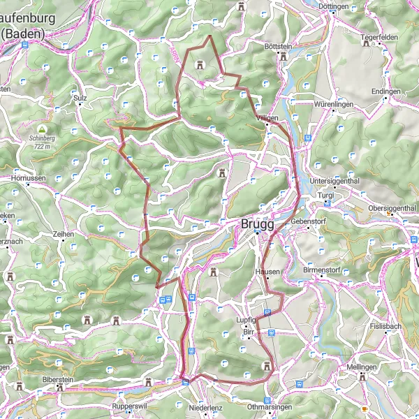 Mapa miniatúra "Gravelová trasa cez Bözbergpass" cyklistická inšpirácia v Nordwestschweiz, Switzerland. Vygenerované cyklistickým plánovačom trás Tarmacs.app