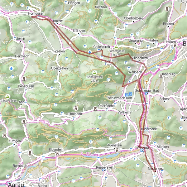 Map miniature of "Niederlenz to Bözbergpass Gravel Route" cycling inspiration in Nordwestschweiz, Switzerland. Generated by Tarmacs.app cycling route planner