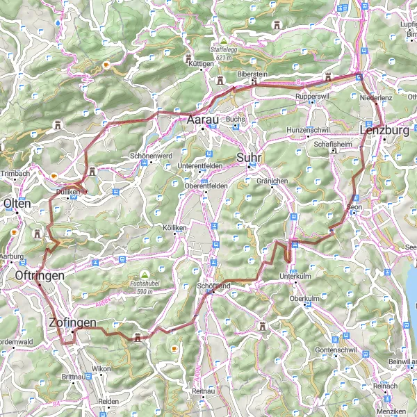 Kartminiatyr av "Eventyrlige utfordringer rundt Aarau" sykkelinspirasjon i Nordwestschweiz, Switzerland. Generert av Tarmacs.app sykkelrutoplanlegger
