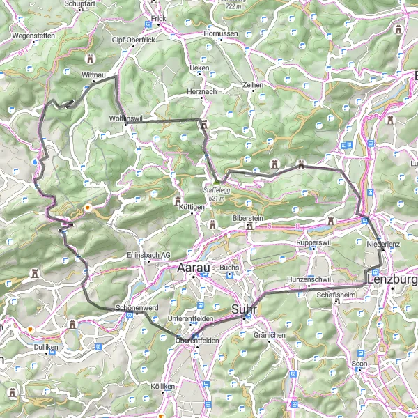 Map miniature of "Niederlenz to Staffelegg Road Route" cycling inspiration in Nordwestschweiz, Switzerland. Generated by Tarmacs.app cycling route planner
