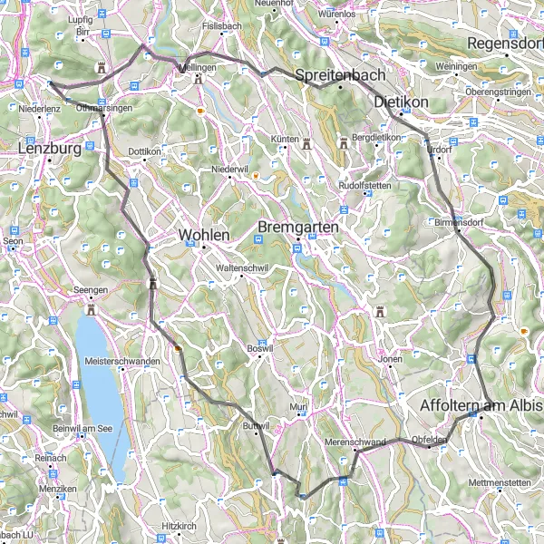 Miniaturní mapa "Okružní cyklistická trasa kolem Niederlenz" inspirace pro cyklisty v oblasti Nordwestschweiz, Switzerland. Vytvořeno pomocí plánovače tras Tarmacs.app