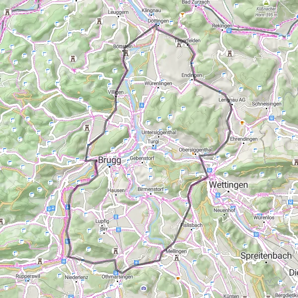 Karttaminiaatyyri "Lenzburg - Klingnau Loop" pyöräilyinspiraatiosta alueella Nordwestschweiz, Switzerland. Luotu Tarmacs.app pyöräilyreittisuunnittelijalla