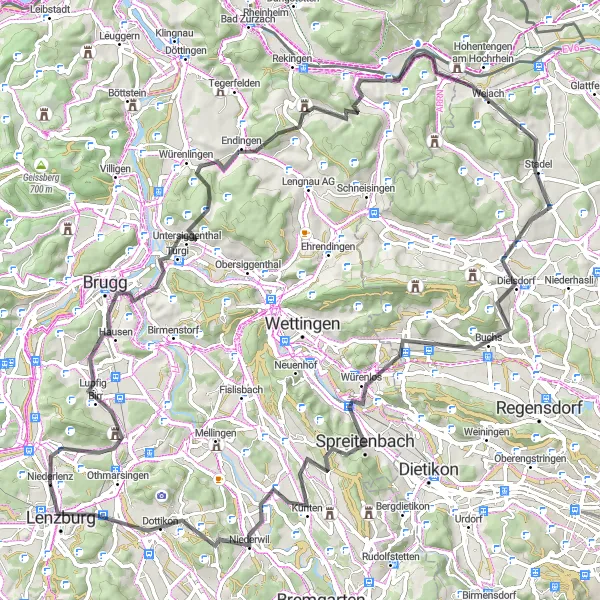 Miniaturekort af cykelinspirationen "Historiske Seværdigheder og Naturskønhed Vejscykelrute" i Nordwestschweiz, Switzerland. Genereret af Tarmacs.app cykelruteplanlægger