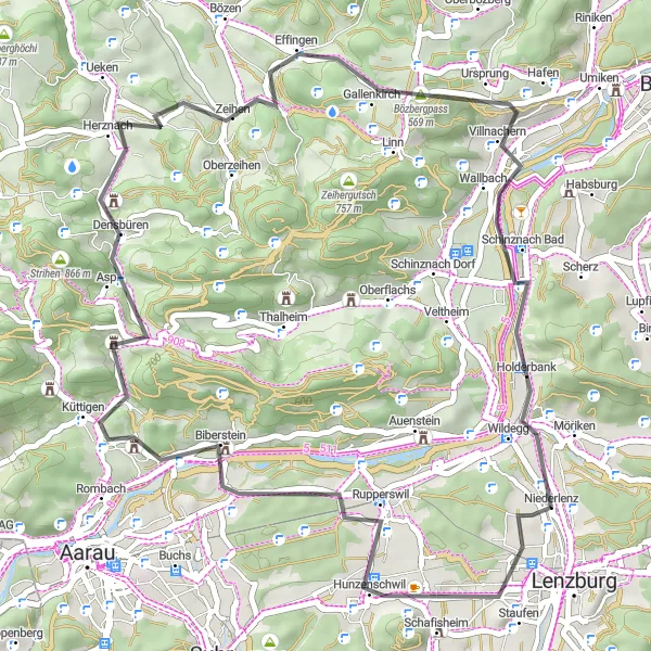 Map miniature of "Niederlenz to Wildegg Road Route" cycling inspiration in Nordwestschweiz, Switzerland. Generated by Tarmacs.app cycling route planner