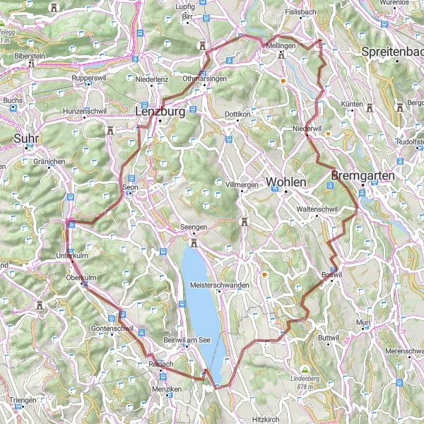 Miniatua del mapa de inspiración ciclista "Ruta de Grava por Aesch LU y Lenzburg" en Nordwestschweiz, Switzerland. Generado por Tarmacs.app planificador de rutas ciclistas