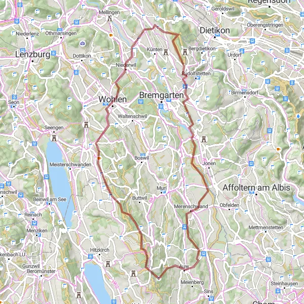 Miniature de la carte de l'inspiration cycliste "La Boucle de Heitersberg et Merenschwand" dans la Nordwestschweiz, Switzerland. Générée par le planificateur d'itinéraire cycliste Tarmacs.app