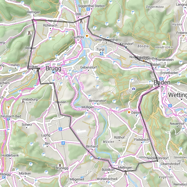 Miniature de la carte de l'inspiration cycliste "Le Tour de la Vallée de la Limmat" dans la Nordwestschweiz, Switzerland. Générée par le planificateur d'itinéraire cycliste Tarmacs.app