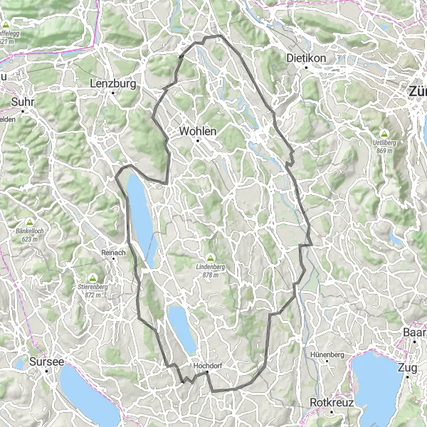 Miniature de la carte de l'inspiration cycliste "La Boucle du Château Hallwyl" dans la Nordwestschweiz, Switzerland. Générée par le planificateur d'itinéraire cycliste Tarmacs.app