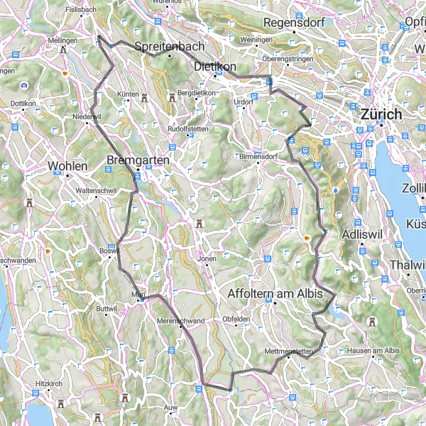 Miniature de la carte de l'inspiration cycliste "Circuit des Montagnes Zurichoises" dans la Nordwestschweiz, Switzerland. Générée par le planificateur d'itinéraire cycliste Tarmacs.app