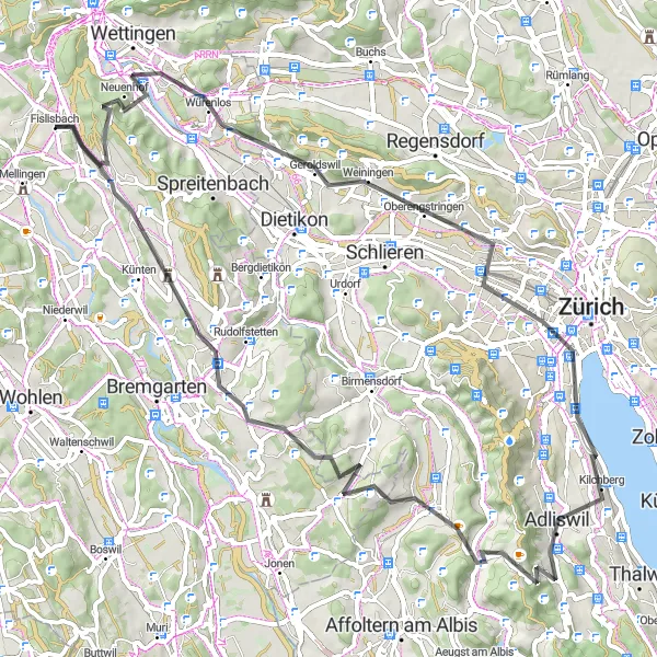 Miniature de la carte de l'inspiration cycliste "Le tour des collines de Zurich" dans la Nordwestschweiz, Switzerland. Générée par le planificateur d'itinéraire cycliste Tarmacs.app