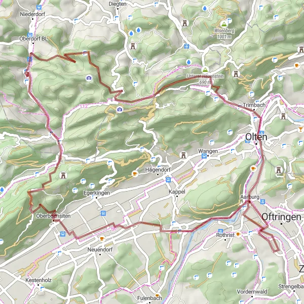 Mapa miniatúra "Gravelová trasa cez Hauenstein-Ifenthal a Waldenburg" cyklistická inšpirácia v Nordwestschweiz, Switzerland. Vygenerované cyklistickým plánovačom trás Tarmacs.app