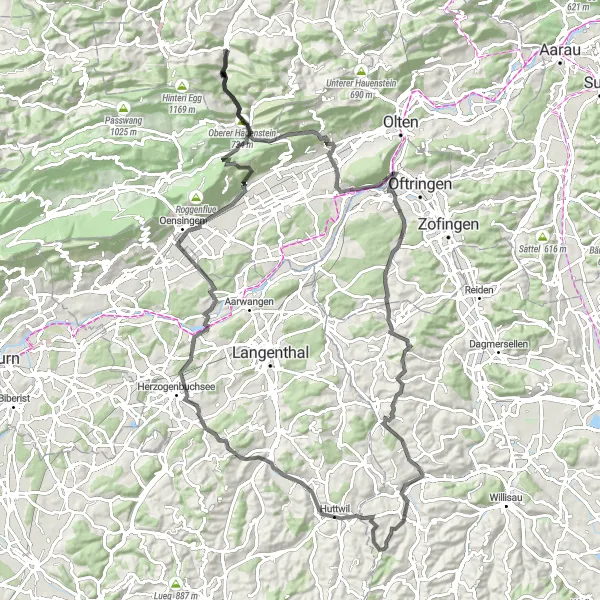 Miniatura della mappa di ispirazione al ciclismo "Avventura Stradale da Oberdorf BL a Richtiflue" nella regione di Nordwestschweiz, Switzerland. Generata da Tarmacs.app, pianificatore di rotte ciclistiche
