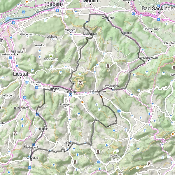 Mapa miniatúra "Kolo cez Hölstein a Aussichtsturm Sonnenberg" cyklistická inšpirácia v Nordwestschweiz, Switzerland. Vygenerované cyklistickým plánovačom trás Tarmacs.app