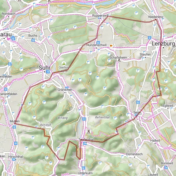 Miniatura della mappa di ispirazione al ciclismo "Percorso ciclabile gravel da Oberentfelden a Muhen" nella regione di Nordwestschweiz, Switzerland. Generata da Tarmacs.app, pianificatore di rotte ciclistiche