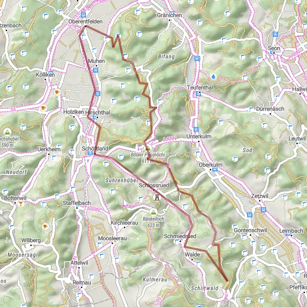 Miniaturekort af cykelinspirationen "Kuperet grusvejcykelrute gennem Oberentfelden" i Nordwestschweiz, Switzerland. Genereret af Tarmacs.app cykelruteplanlægger