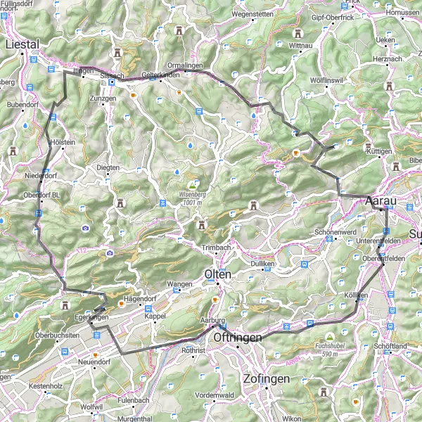 Miniatua del mapa de inspiración ciclista "Recorrido en carretera por Spitzenberg" en Nordwestschweiz, Switzerland. Generado por Tarmacs.app planificador de rutas ciclistas