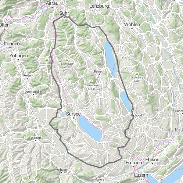 Mapa miniatúra "Cestná trasa okolo Schloss Hallwyl" cyklistická inšpirácia v Nordwestschweiz, Switzerland. Vygenerované cyklistickým plánovačom trás Tarmacs.app