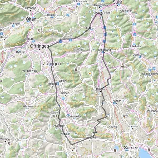 Map miniature of "Scenic Ride through Muhen and Beyond" cycling inspiration in Nordwestschweiz, Switzerland. Generated by Tarmacs.app cycling route planner