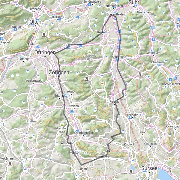 Miniaturní mapa "Okolí Oberentfelden" inspirace pro cyklisty v oblasti Nordwestschweiz, Switzerland. Vytvořeno pomocí plánovače tras Tarmacs.app