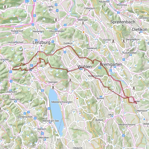 Miniatura mapy "Trasa gravelowa przez Hermetschwil-Staffeln - Jonen" - trasy rowerowej w Nordwestschweiz, Switzerland. Wygenerowane przez planer tras rowerowych Tarmacs.app