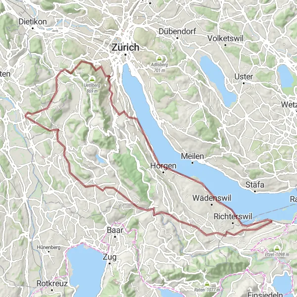 Miniatua del mapa de inspiración ciclista "Ruta de Grava explorando Arni, Mettmenstetten y Hedingen" en Nordwestschweiz, Switzerland. Generado por Tarmacs.app planificador de rutas ciclistas