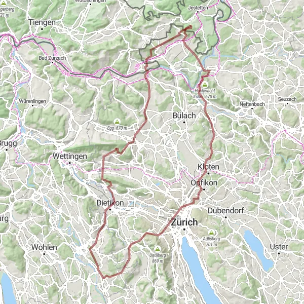 Mapa miniatúra "Panoramic gravel okruh cez Regensberg a Hochwacht Irchel" cyklistická inšpirácia v Nordwestschweiz, Switzerland. Vygenerované cyklistickým plánovačom trás Tarmacs.app