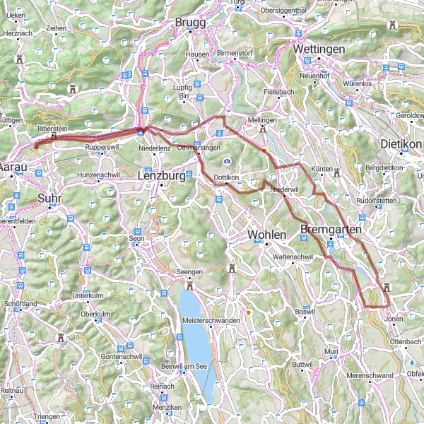 Miniatua del mapa de inspiración ciclista "Ruta de Grava explorando Unterlunkhofen y Rottenschwil" en Nordwestschweiz, Switzerland. Generado por Tarmacs.app planificador de rutas ciclistas