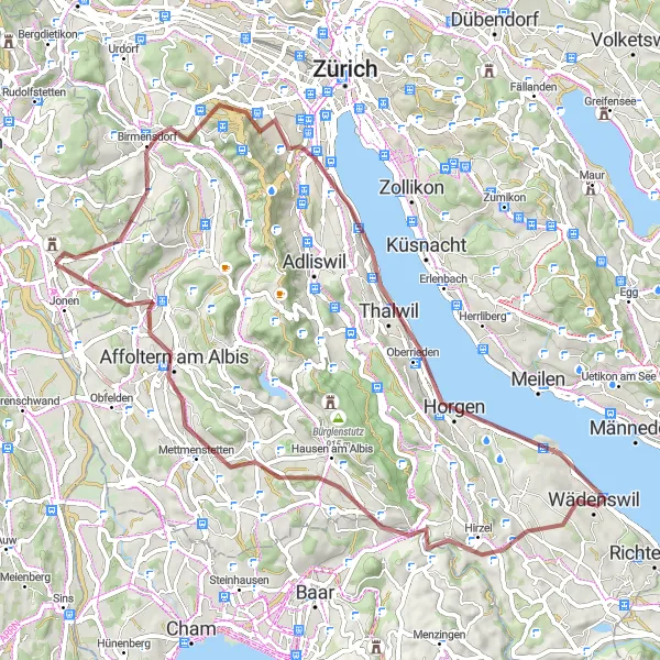 Kartminiatyr av "Kulturopplevelser og landsbygdssjarm rundt Affoltern am Albis" sykkelinspirasjon i Nordwestschweiz, Switzerland. Generert av Tarmacs.app sykkelrutoplanlegger