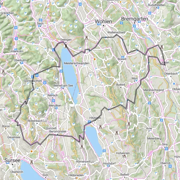 Kartminiatyr av "Rundtur Muri-Hitzkirch-Beromünster-Birrwil-Unterlunkhofen" cykelinspiration i Nordwestschweiz, Switzerland. Genererad av Tarmacs.app cykelruttplanerare