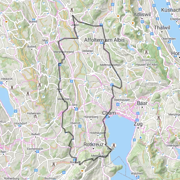 Miniatua del mapa de inspiración ciclista "Ruta de Carretera pasando por Affoltern am Albis y Aristau" en Nordwestschweiz, Switzerland. Generado por Tarmacs.app planificador de rutas ciclistas