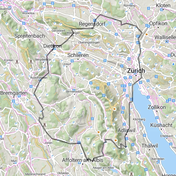 Mapa miniatúra "Tradičný okruh cez Gubrist a Adliswil" cyklistická inšpirácia v Nordwestschweiz, Switzerland. Vygenerované cyklistickým plánovačom trás Tarmacs.app