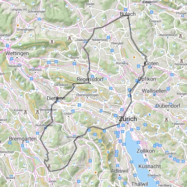 Kartminiatyr av "Sveitsisk Landeveissykling: Kloten Eventyr" sykkelinspirasjon i Nordwestschweiz, Switzerland. Generert av Tarmacs.app sykkelrutoplanlegger