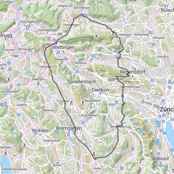 Miniatua del mapa de inspiración ciclista "Ruta de Unterlunkhofen a Aesch ZH" en Nordwestschweiz, Switzerland. Generado por Tarmacs.app planificador de rutas ciclistas