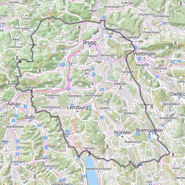 Karttaminiaatyyri "Länsi-Lunkhofenin pyöräilyreitti" pyöräilyinspiraatiosta alueella Nordwestschweiz, Switzerland. Luotu Tarmacs.app pyöräilyreittisuunnittelijalla