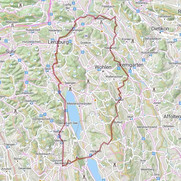 Map miniature of "Hürst to Lenzburg Gravel Route" cycling inspiration in Nordwestschweiz, Switzerland. Generated by Tarmacs.app cycling route planner
