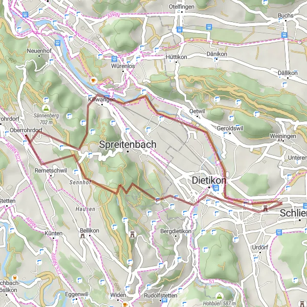 Kartminiatyr av "Rundtur til Remetschwil via Heitersbergpass" sykkelinspirasjon i Nordwestschweiz, Switzerland. Generert av Tarmacs.app sykkelrutoplanlegger