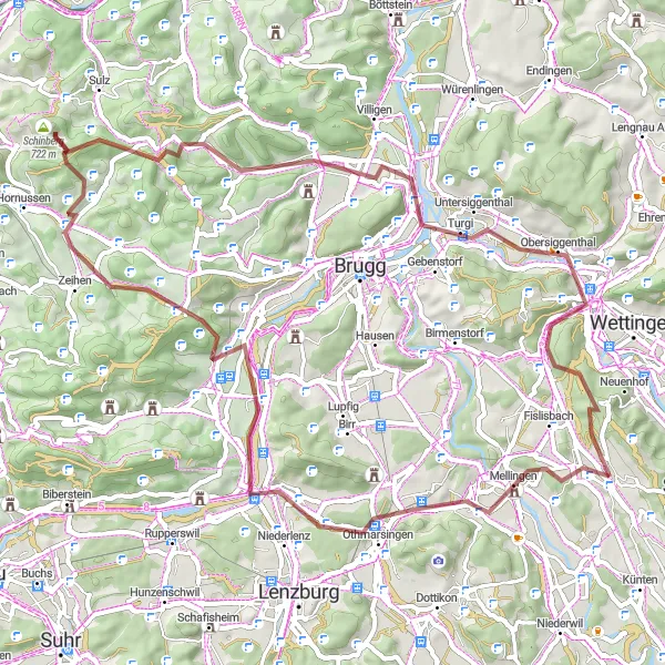 Miniature de la carte de l'inspiration cycliste "Itinéraire gravel autour d'Oberrohrdorf" dans la Nordwestschweiz, Switzerland. Générée par le planificateur d'itinéraire cycliste Tarmacs.app