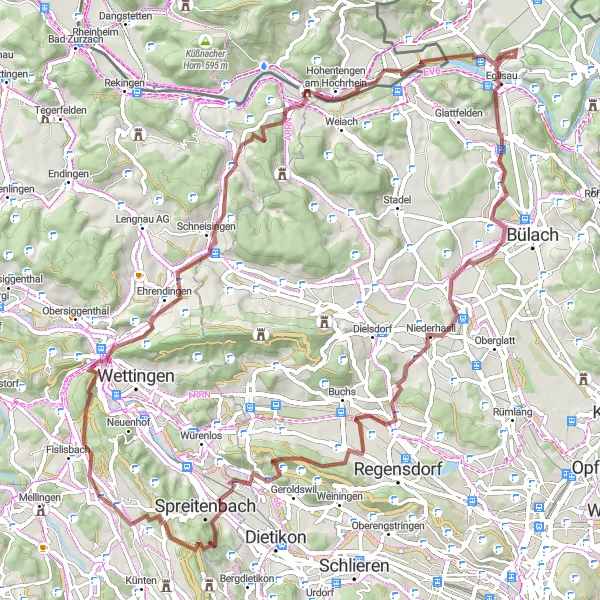 Miniatura della mappa di ispirazione al ciclismo "Esplorazione tra strade sterrate e natura selvaggia" nella regione di Nordwestschweiz, Switzerland. Generata da Tarmacs.app, pianificatore di rotte ciclistiche